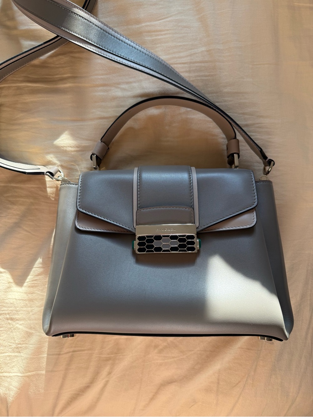 Bulgari Gray Leather Top-Handle Satchel with Silver-Tone Honeycomb Clasp